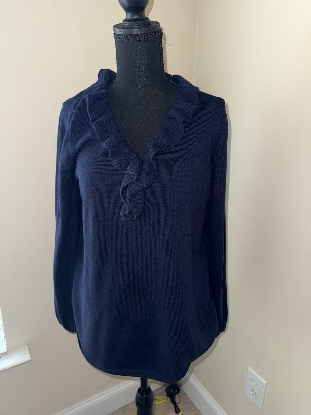 Mud Pie Womens Sweater Medium Blue Ruffled Old Money Country Club SMALL